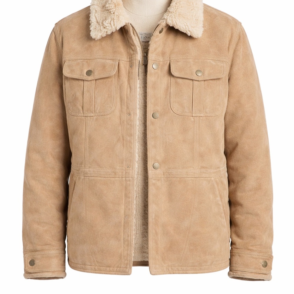 Wilsons Leather Maxima Beige Faux Fur Lined Mid-Length Jacket XL Button Zipper‎